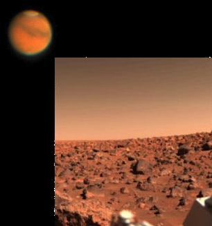 Mars im Fernrohr (links oben, © Dirk Panczyk, Sternwarte Hagen) und seine Oberfläche fotografiert von Viking 2 (Courtesy NASA/JPL-Caltech)